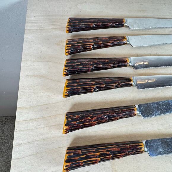 VTG Westall Richardson Sheffield England 6 Steak Knifes Bakelite Antler Handles - Picture 7 of 7